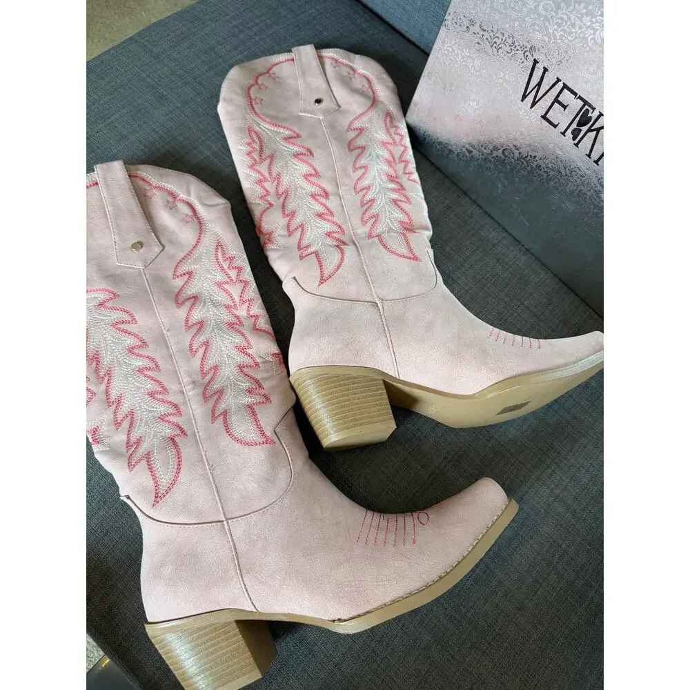 New WETKISS Womens Size 8.5 Pink Embroidered Cowboy Boots Western Cowgirl